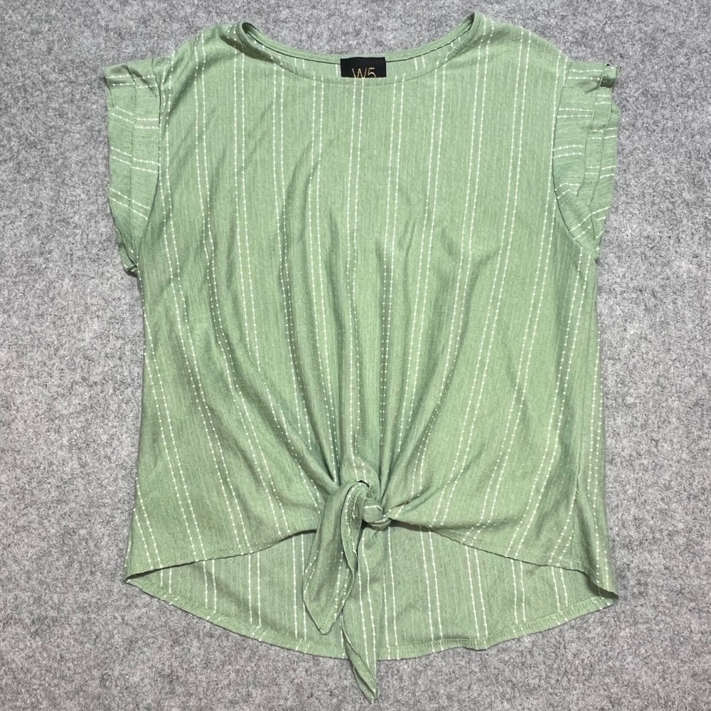 W5 Womens Sage Green Tie Front Striped Flutter Sleeve Blouse Top Size M